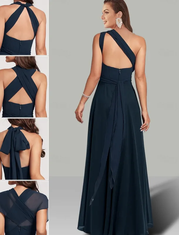 A-Line Wedding Guest Dresses Infinity Dress Wedding Party Summer Floor Length Short Sleeve Halter Neck Convertible Chiffon with Ruched