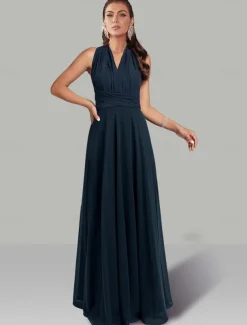 A-Line Wedding Guest Dresses Infinity Dress Wedding Party Summer Floor Length Short Sleeve Halter Neck Convertible Chiffon with Ruched