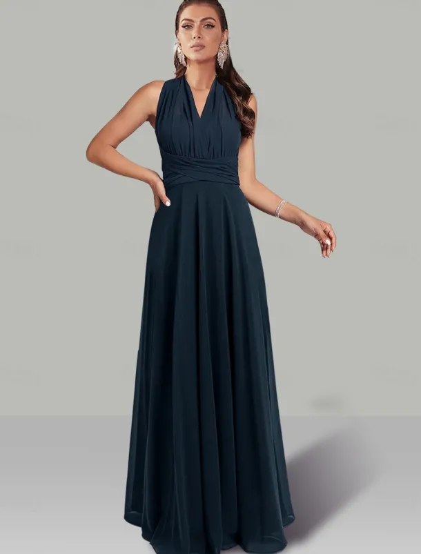 A-Line Wedding Guest Dresses Infinity Dress Wedding Party Summer Floor Length Short Sleeve Halter Neck Convertible Chiffon with Ruched