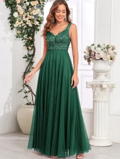 A-Line Wedding Guest Dresses Elegant Dress Wedding Guest Birthday Floor Length Sleeveless V Neck Pink Dress Tulle V Back with Sequin