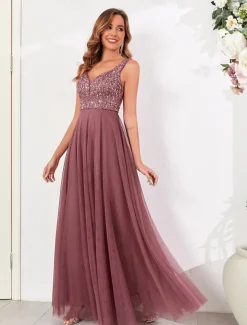 A-Line Wedding Guest Dresses Elegant Dress Wedding Guest Birthday Floor Length Sleeveless V Neck Pink Dress Tulle V Back with Sequin