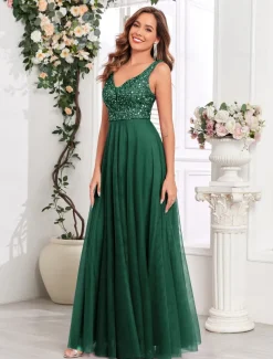 A-Line Wedding Guest Dresses Elegant Dress Wedding Guest Birthday Floor Length Sleeveless V Neck Pink Dress Tulle V Back with Sequin