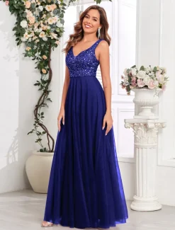 A-Line Wedding Guest Dresses Elegant Dress Wedding Guest Birthday Floor Length Sleeveless V Neck Pink Dress Tulle V Back with Sequin