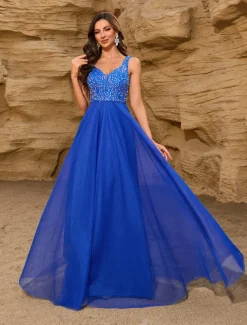 A-Line Wedding Guest Dresses Elegant Dress Wedding Guest Birthday Floor Length Sleeveless V Neck Pink Dress Tulle V Back with Sequin