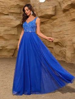 A-Line Wedding Guest Dresses Elegant Dress Wedding Guest Birthday Floor Length Sleeveless V Neck Pink Dress Tulle V Back with Sequin