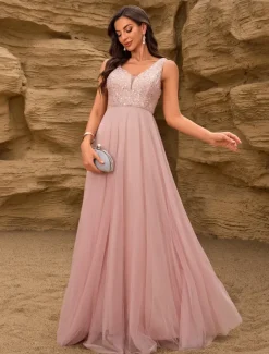A-Line Wedding Guest Dresses Elegant Dress Wedding Guest Birthday Floor Length Sleeveless V Neck Pink Dress Tulle V Back with Sequin