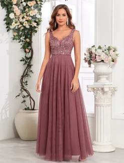 A-Line Wedding Guest Dresses Elegant Dress Wedding Guest Birthday Floor Length Sleeveless V Neck Pink Dress Tulle V Back with Sequin