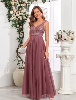 A-Line Wedding Guest Dresses Elegant Dress Wedding Guest Birthday Floor Length Sleeveless V Neck Pink Dress Tulle V Back with Sequin