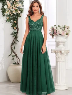 A-Line Wedding Guest Dresses Elegant Dress Wedding Guest Birthday Floor Length Sleeveless V Neck Pink Dress Tulle V Back with Sequin