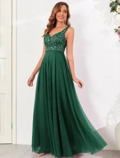 A-Line Wedding Guest Dresses Elegant Dress Wedding Guest Birthday Floor Length Sleeveless V Neck Pink Dress Tulle V Back with Sequin