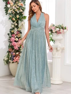 A-Line Wedding Guest Dresses Elegant Dress Wedding Guest Party Wear Floor Length Sleeveless V Neck Fall Wedding Guest Cotton Blend with Sequin
