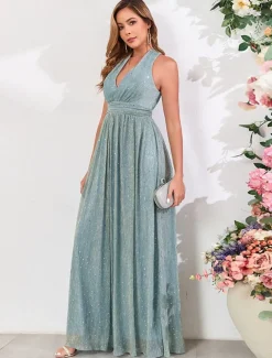 A-Line Wedding Guest Dresses Elegant Dress Wedding Guest Party Wear Floor Length Sleeveless V Neck Fall Wedding Guest Cotton Blend with Sequin