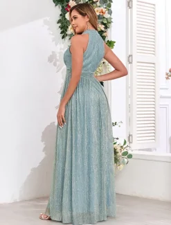 A-Line Wedding Guest Dresses Elegant Dress Wedding Guest Party Wear Floor Length Sleeveless V Neck Fall Wedding Guest Cotton Blend with Sequin