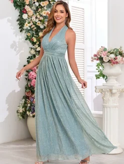 A-Line Wedding Guest Dresses Elegant Dress Wedding Guest Party Wear Floor Length Sleeveless V Neck Fall Wedding Guest Cotton Blend with Sequin