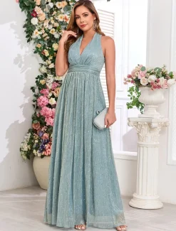 A-Line Wedding Guest Dresses Elegant Dress Wedding Guest Party Wear Floor Length Sleeveless V Neck Fall Wedding Guest Cotton Blend with Sequin