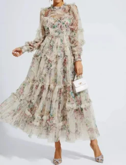 A-Line Wedding Guest Dresses Beach Wedding Cocktail Party Garden Party Ankle Length Half Sleeve Jewel Neck Champagne Mother Of the Bride Dress Tulle with Embroidery dress to impress