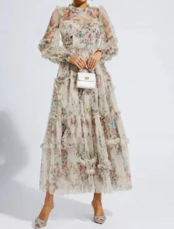 A-Line Wedding Guest Dresses Beach Wedding Cocktail Party Garden Party Ankle Length Half Sleeve Jewel Neck Champagne Mother Of the Bride Dress Tulle with Embroidery dress to impress