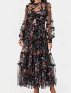 A-Line Wedding Guest Dresses Beach Wedding Cocktail Party Garden Party Ankle Length Half Sleeve Jewel Neck Champagne Mother Of the Bride Dress Tulle with Embroidery dress to impress