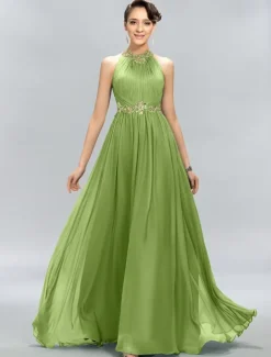 A-Line Wedding Guest Dresses Elegant Dress Party Wear Wedding Party Floor Length Sleeveless Halter Neck Chiffon with Ruched Appliques