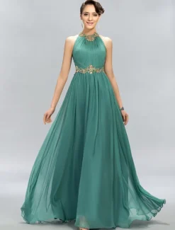 A-Line Wedding Guest Dresses Elegant Dress Party Wear Wedding Party Floor Length Sleeveless Halter Neck Chiffon with Ruched Appliques