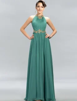 A-Line Wedding Guest Dresses Elegant Dress Party Wear Wedding Party Floor Length Sleeveless Halter Neck Chiffon with Ruched Appliques
