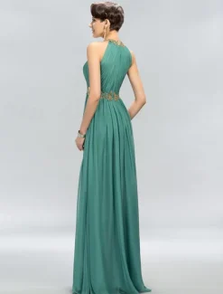 A-Line Wedding Guest Dresses Elegant Dress Party Wear Wedding Party Floor Length Sleeveless Halter Neck Chiffon with Ruched Appliques