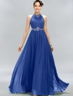 A-Line Wedding Guest Dresses Elegant Dress Party Wear Wedding Party Floor Length Sleeveless Halter Neck Chiffon with Ruched Appliques