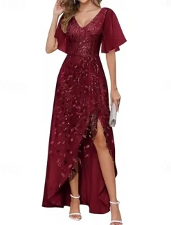 A-Line Wedding Guest Dresses High Low Dress Wedding Guest Asymmetrical Short Sleeve V Neck Fall Wedding Guest Lace with Slit