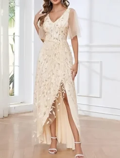 A-Line Wedding Guest Dresses High Low Dress Wedding Guest Asymmetrical Short Sleeve V Neck Fall Wedding Guest Lace with Slit