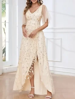 A-Line Wedding Guest Dresses High Low Dress Wedding Guest Asymmetrical Short Sleeve V Neck Fall Wedding Guest Lace with Slit