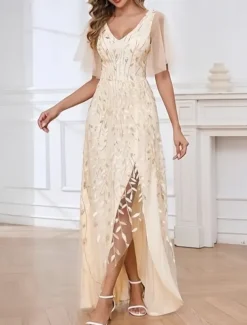 A-Line Wedding Guest Dresses High Low Dress Wedding Guest Asymmetrical Short Sleeve V Neck Fall Wedding Guest Lace with Slit