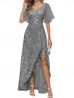 A-Line Wedding Guest Dresses High Low Dress Wedding Guest Asymmetrical Short Sleeve V Neck Fall Wedding Guest Lace with Slit