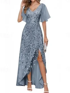 A-Line Wedding Guest Dresses High Low Dress Wedding Guest Asymmetrical Short Sleeve V Neck Fall Wedding Guest Lace with Slit