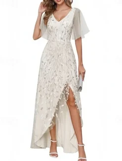 A-Line Wedding Guest Dresses High Low Dress Wedding Guest Asymmetrical Short Sleeve V Neck Fall Wedding Guest Lace with Slit