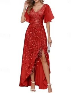 A-Line Wedding Guest Dresses High Low Dress Wedding Guest Asymmetrical Short Sleeve V Neck Fall Wedding Guest Lace with Slit