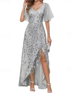 A-Line Wedding Guest Dresses High Low Dress Wedding Guest Asymmetrical Short Sleeve V Neck Fall Wedding Guest Lace with Slit