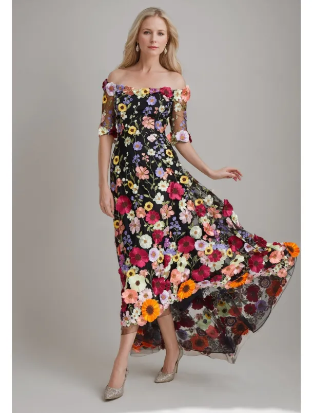 A-Line Wedding Guest Dresses Beach Wedding Floral Dress Semi Formal Garden Party Floor Length Half Sleeve Off Shoulder Fall Wedding Guest Tulle with Embroidery