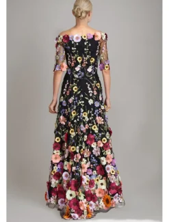 A-Line Wedding Guest Dresses Beach Wedding Floral Dress Semi Formal Garden Party Floor Length Half Sleeve Off Shoulder Fall Wedding Guest Tulle with Embroidery