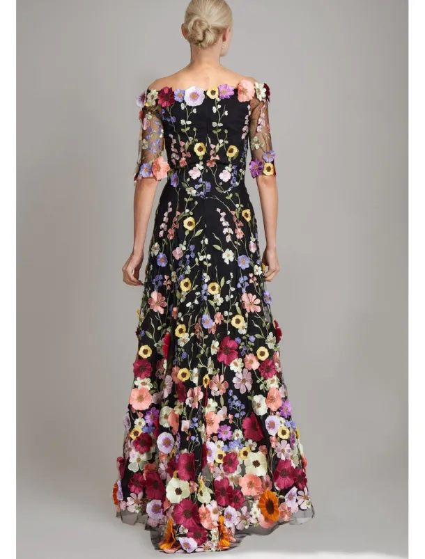 A-Line Wedding Guest Dresses Beach Wedding Floral Dress Semi Formal Garden Party Floor Length Half Sleeve Off Shoulder Fall Wedding Guest Tulle with Embroidery