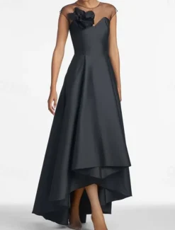 A-Line Wedding Guest Dresses Elegant Dress Wedding Guest Wedding Party Asymmetrical Sleeveless Jewel Neck Satin with Shouder Flower Dresses