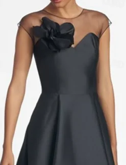 A-Line Wedding Guest Dresses Elegant Dress Wedding Guest Wedding Party Asymmetrical Sleeveless Jewel Neck Satin with Shouder Flower Dresses