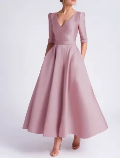A-Line Wedding Guest Dress Cocktail Dresses Beach Wedding Elegant Dress Formal Wedding Guest Tea Length Half Sleeve V Neck Satin with Pocket Dresses
