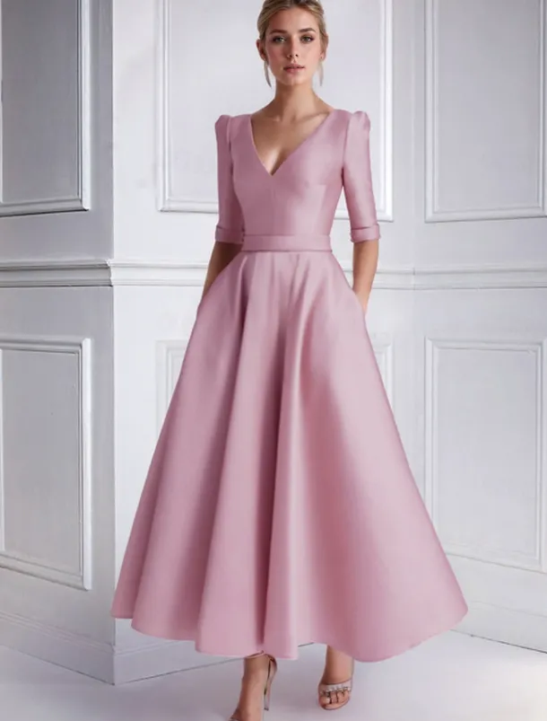 A-Line Wedding Guest Dress Cocktail Dresses Beach Wedding Elegant Dress Formal Wedding Guest Tea Length Half Sleeve V Neck Satin with Pocket Dresses