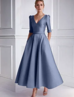 A-Line Wedding Guest Dress Cocktail Dresses Beach Wedding Elegant Dress Formal Wedding Guest Tea Length Half Sleeve V Neck Satin with Pocket Dresses