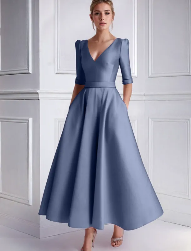 A-Line Wedding Guest Dress Cocktail Dresses Beach Wedding Elegant Dress Formal Wedding Guest Tea Length Half Sleeve V Neck Satin with Pocket Dresses