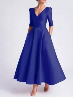 A-Line Wedding Guest Dress Cocktail Dresses Beach Wedding Elegant Dress Formal Wedding Guest Tea Length Half Sleeve V Neck Satin with Pocket Dresses