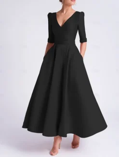 A-Line Wedding Guest Dress Cocktail Dresses Beach Wedding Elegant Dress Formal Wedding Guest Tea Length Half Sleeve V Neck Satin with Pocket Dresses