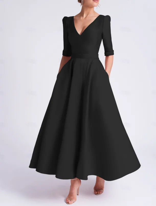 A-Line Wedding Guest Dress Cocktail Dresses Beach Wedding Elegant Dress Formal Wedding Guest Tea Length Half Sleeve V Neck Satin with Pocket Dresses