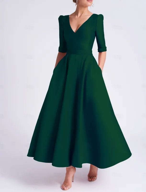 A-Line Wedding Guest Dress Cocktail Dresses Beach Wedding Elegant Dress Formal Wedding Guest Tea Length Half Sleeve V Neck Satin with Pocket Dresses