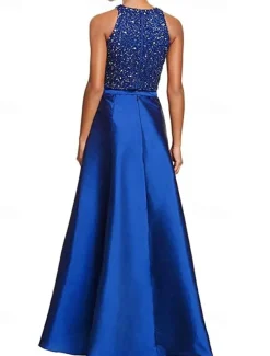 A-Line Wedding Guest Dresses Sparkle & Shine Dress Party Wear Semi Formal Asymmetrical Sleeveless Jewel Neck Fall Wedding Guest Satin with Beading Sequin Dresses